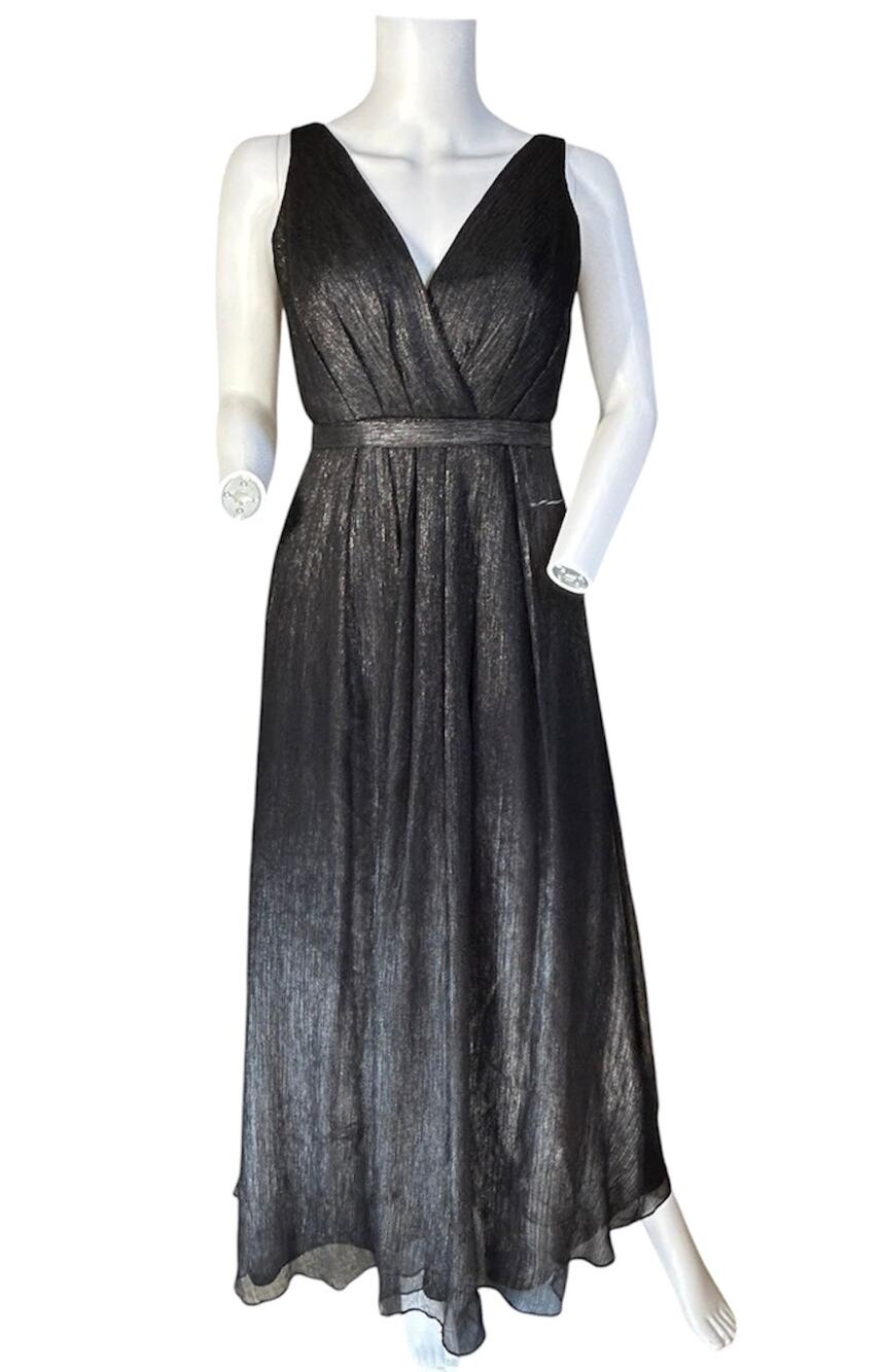 Monique Lhuillier Bridesmaids Size 2 Black Metallic Plunge V-Neck Maxi Dress